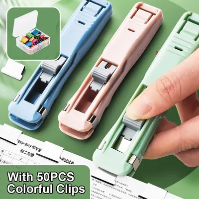 Portable Handheld Binder Clip Pusher with 50 Silver Refill Clips, 40 Sheets Capacity, Fast Paper