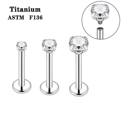 60Pcs F136 Titanium Crystal Zircon Lip Stud Ear Tragus Internally Threaded CZ Gem 16G Fashion Body