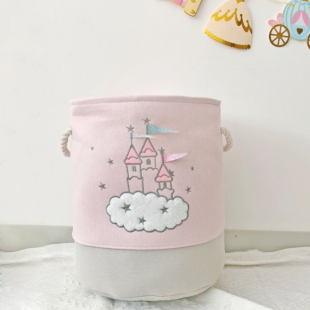 Large Pink Laundry Basket Kids Toys Storage Basket with Handles Fabric Foldable Cute Cartoon Castle Nursery Hamper Gift Basket