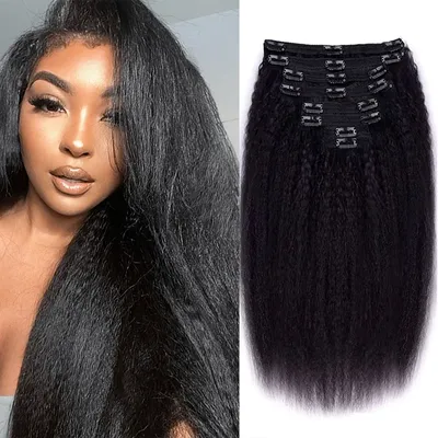 Kinky Straight Clip In Hair Extensions 100% Real Human Hair Natural Black 8 Pcs/120g Full Head