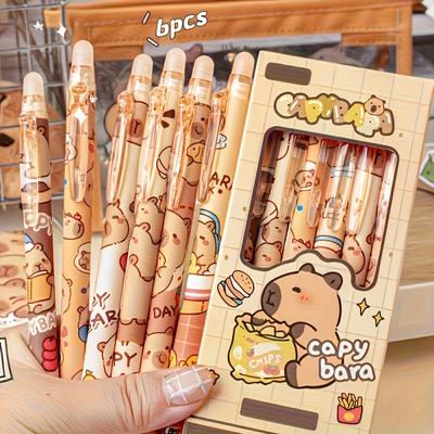 TEMU 6pcs Adorable Capybara-themed Erasable Plastic Pens - 0.5mm Fine Point, Quick-drying Ink, Retractable & Lightweight Rollerball With Built-in Eraser For Office & School Stationery Image