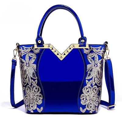 TEMU Designer Floral Embroidery Patent Leather Handbag For Women, Large Capacity Shoulder Tote With Zipper Closure, Polyester Lined, Paint Detail, Crossbody Party Bag Image