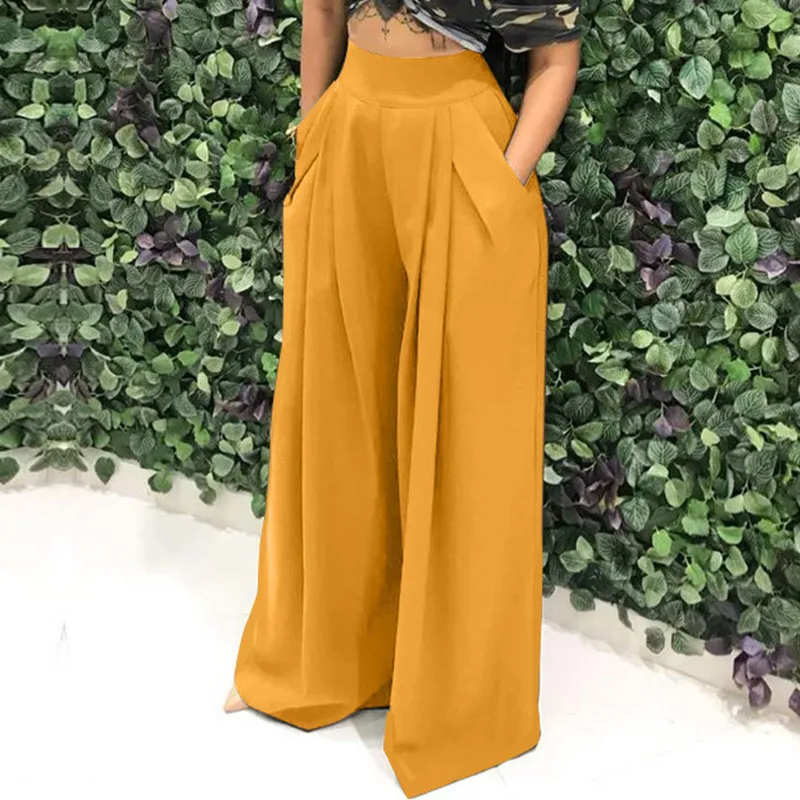 Pantaloni Palazzo larghi Casual da donna pantaloni a gamba larga a vita alta autunnali pantaloni a Culottes lunghi pieghettati tasche elastiche per pantaloni in vita