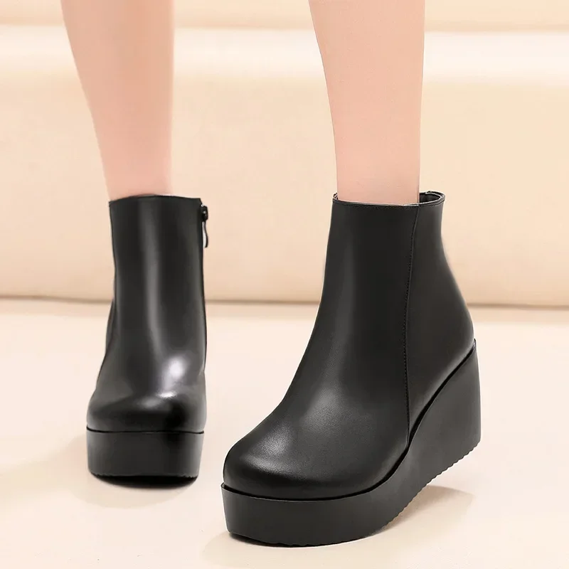 7cm Small Size 33-43 Comfortable Genuine Leather Boots Women's Platform Wedges Shoes 2026 Winter Med Heels Ankle Boots Office
