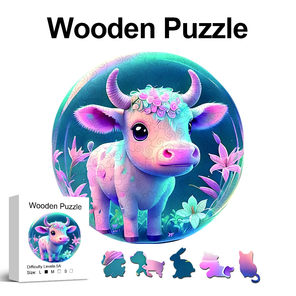 Kuh-Holzpuzzle für Puzzle-Liebhaber, einzigartige unregelmäßige Tierform-Puzzles, Holzspielzeug, Weihnachts- und Geburtstagsgeschenk, Heimdekoration Image