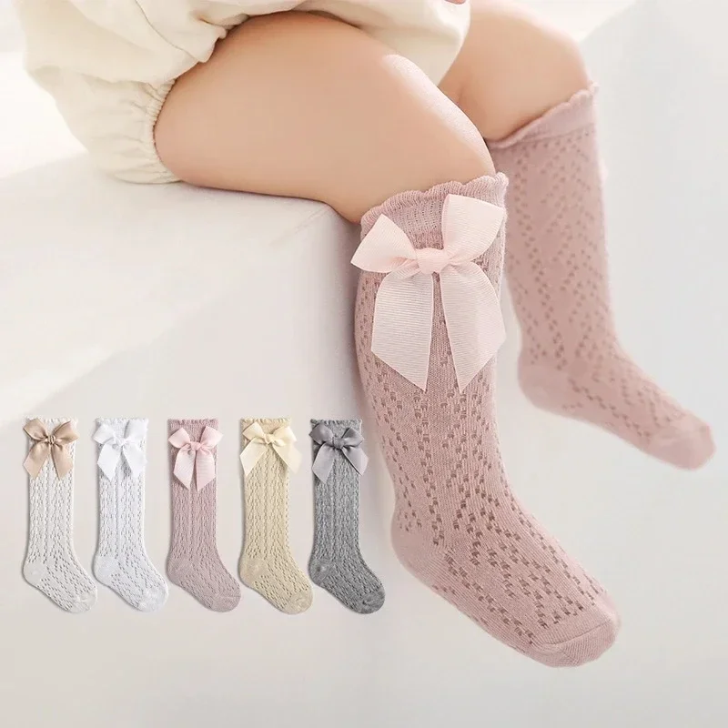 3 paare/satz feste Knoten bogen Mesh Baby Mädchen Socken lose Rüschen dünne Säugling Mädchen lange Socken Kinder Mädchen atmungsaktive Mädchen Socken Pack Image