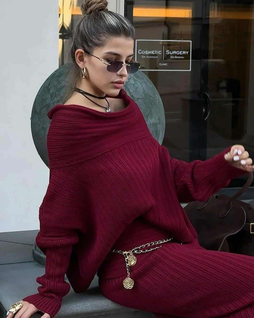 DSMTRC Pendeln Herbst Damen Rock Sets Elegant Grau/Weiß Strickrock Anzüge One Shoulder Pullover Top Langer Rock Trainingsanzüge