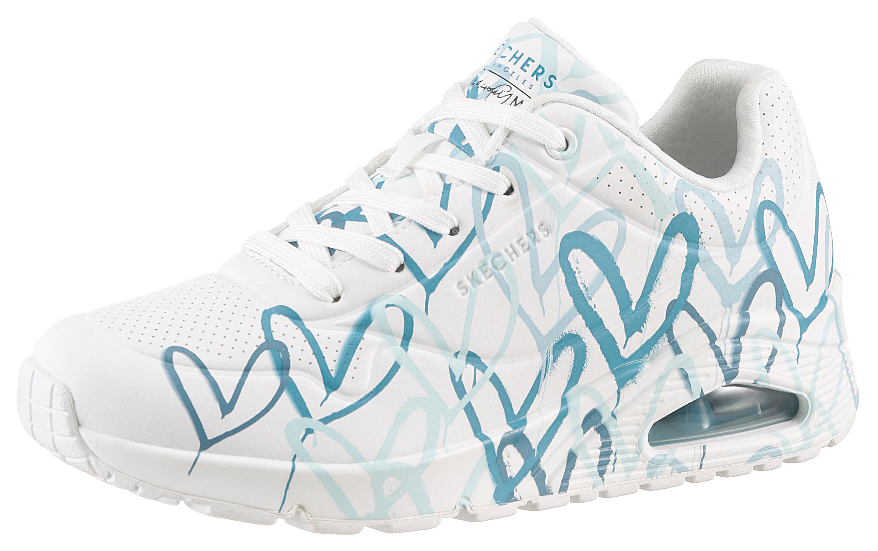 Wedgesneaker SKECHERS "UNO-SPREAD THE LOVE", Damen, Gr. 39, blau (weiß, türkis), Lederimitat, kontrastfarbene Details, Schuhe, Freizeitschuh, Halbschuh, Schnürschuh mit coolem Graffiti-Print