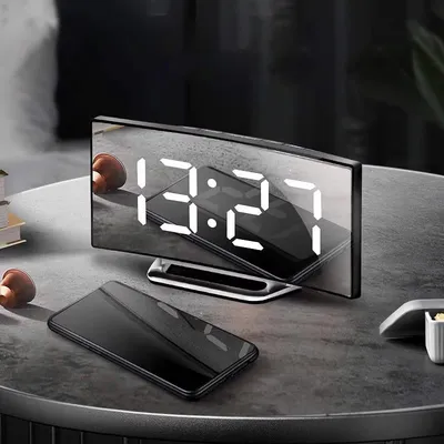 Alarm Clock Digital LED with Modern Curved Design, USB power supply, Bedside Clock with Temperature