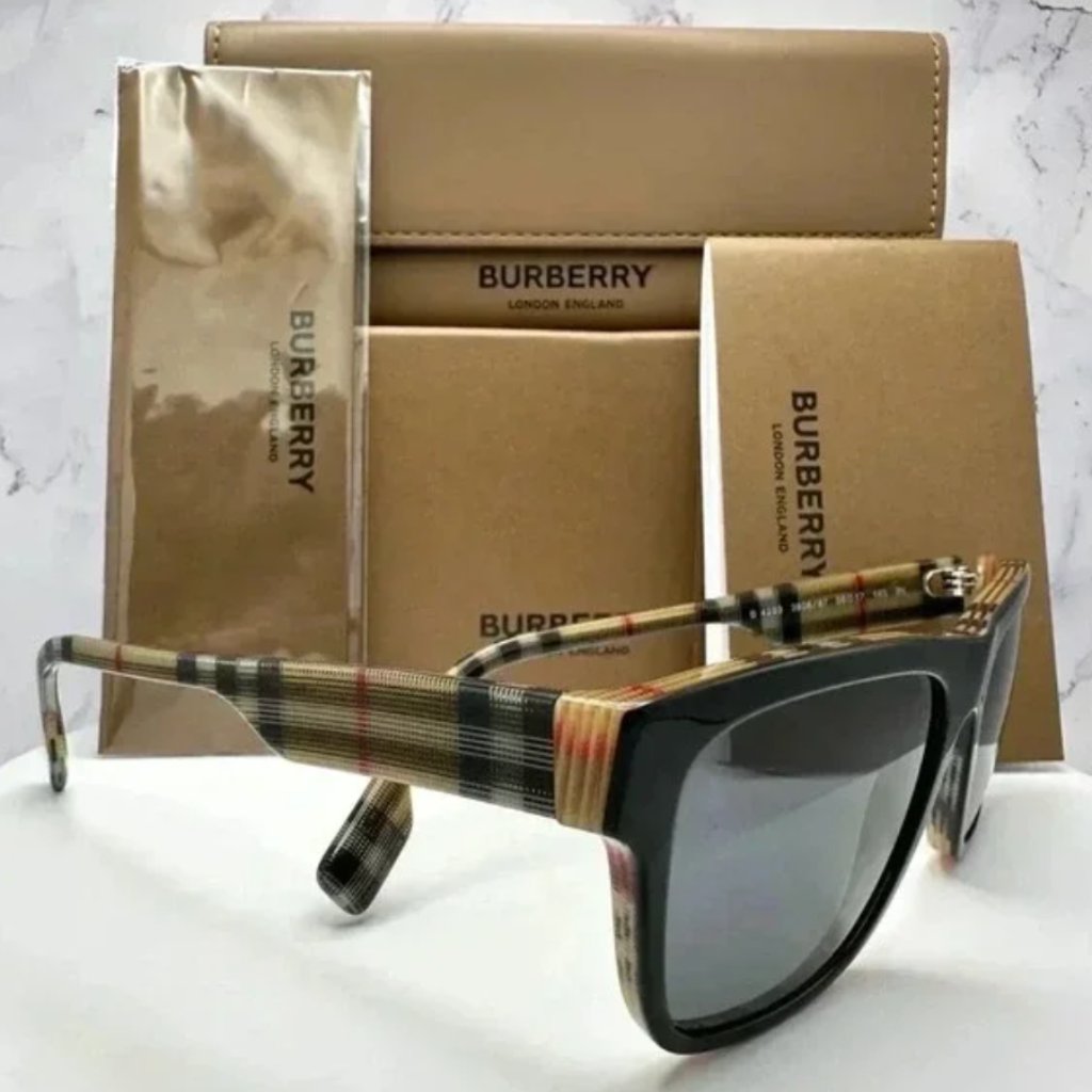 Burberry Accessories | Burberry Sunglasses Black Square Classic Check Arms Brown Red White Authentic | Color: Black/Brown | Size: 56-17-145