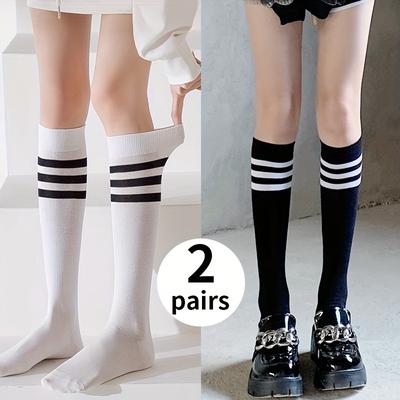 TEMU Women's Plus College Style Calf Socks, Plus Size Striped Print Slim Fit Knee High Socks For Fall Image