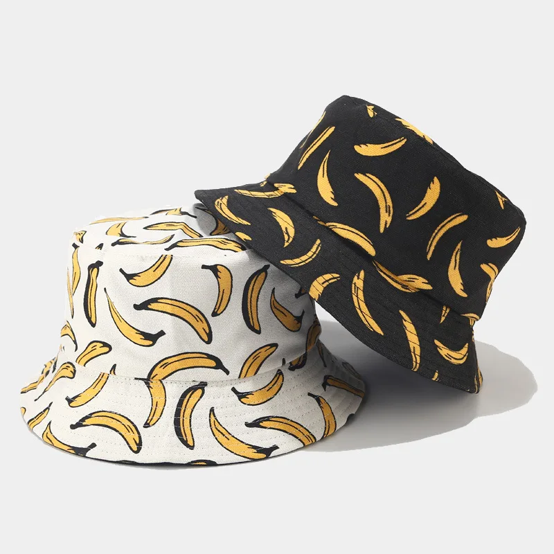 Eimer Hut Frauen Banana Gedruckt Doppelseitige Sommer Hüte Für Männer Outdoor Hip Hop Fischer Hut Weibliche Street Dance Faltbare
