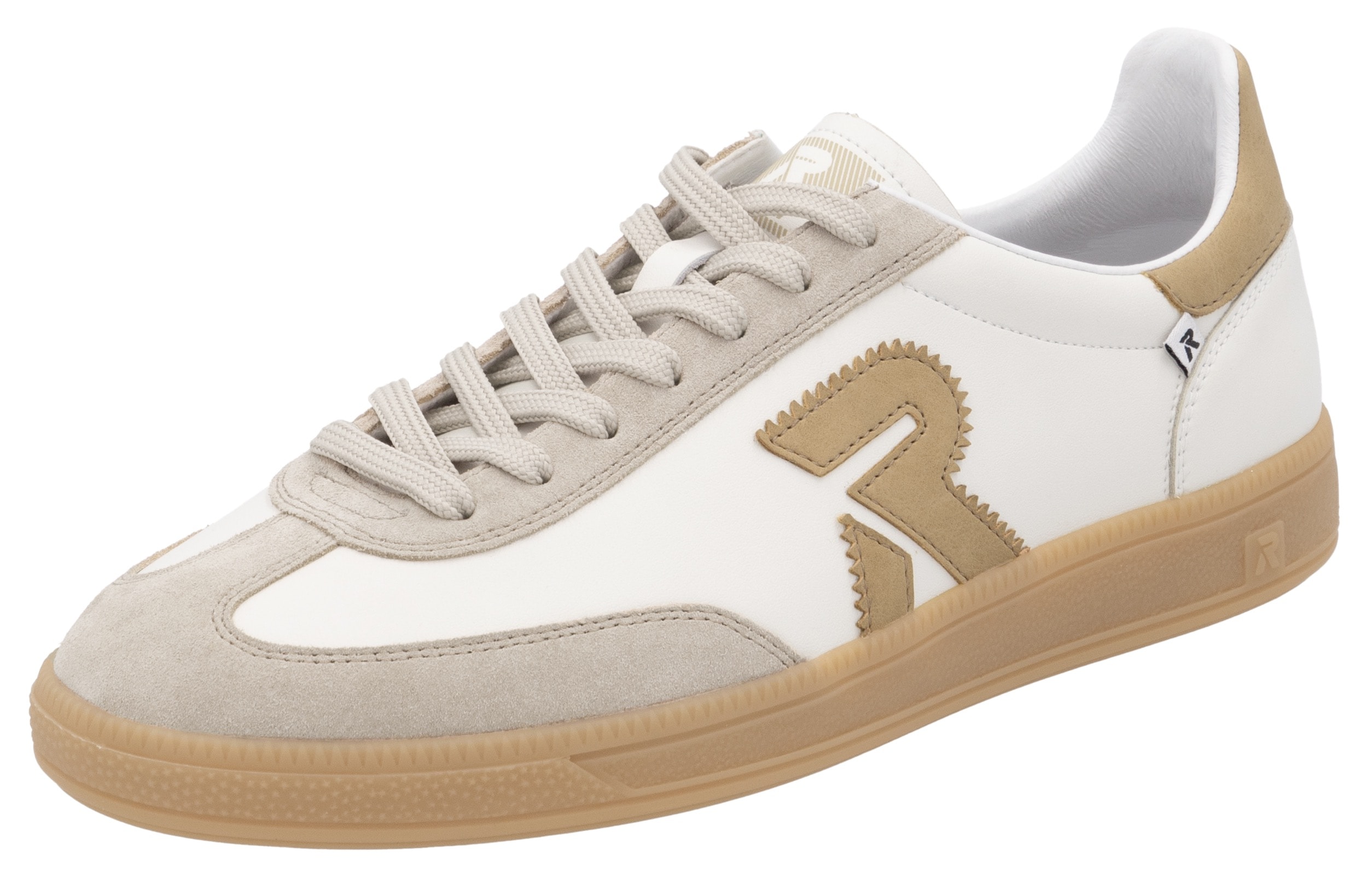 Sneaker RIEKER SPORT "San Diego Swing2GO", Herren, Gr. 43, beige (weiß, sand), Leder, Veloursleder, kontrastfarbene Details, Schuhe Sneaker, Retro-Sneaker aus der neuen Christoph Kramer Kollektion