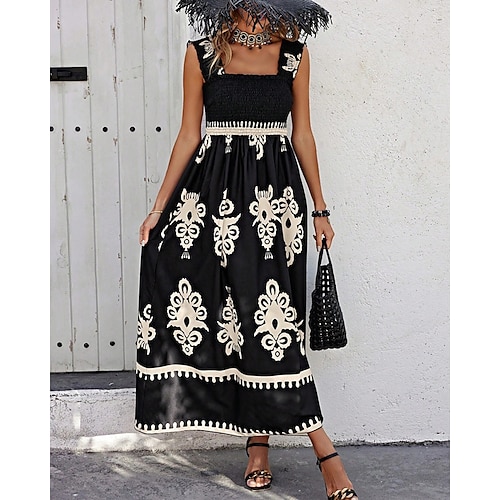 Damen kleid lang Casual kleid A Linie Kleid Sommerkleid Boho-Kleid Böhmen Hawaiianisch Stilvoll Urlaub Täglich Verabredung Regular Fit Graphic Ärmellos Quadratischer Ausschnitt Schwarz Rosa Rote Grün Image