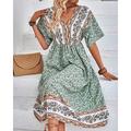 Damen kleid lang A Linie Kleid Sommerkleid Boho-Kleid Elegant Hawaiianisch Stilvoll Urlaub Täglich Verabredung Regular Fit Blumen Kurzarm V Ausschnitt Grün Sommer