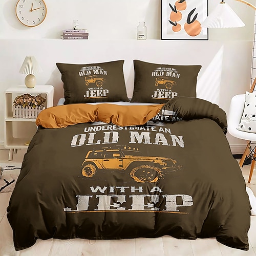 Bettbezug-Set mit grafischem Auto und altem Mann im Vintage-Retro-Stil, weicher, strapazierfähiger Mikrofaser-Bettbezug mit Kissenbezügen, einzigartiges Schlafzimmerdekor Image