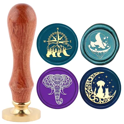 2pcs/set Animals Wax Seal Stamps With Handle, Bear, Mandala Elephant, Dog and cat on the moon