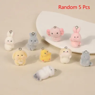 5Pc 3D Cute Flocking Sea Otter Yellow Chicken rabbit Charms Cartoon Animal Pendant DIY Keychain