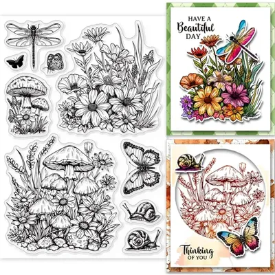 Mushrooms and Flowers Clear Stamps for Cards Making Butterfly Clear Stamp Seals Transparent Stamps