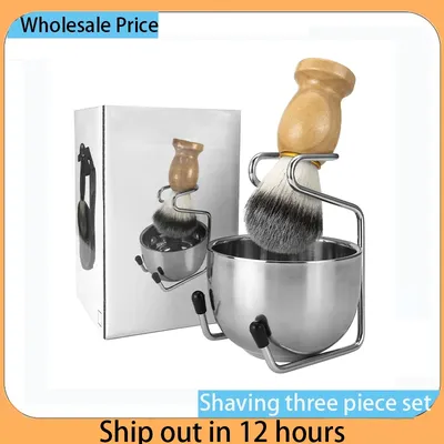 Mens Shaving Brush and Bowl Set, 3-in-1 Shaving Brush Kit Wood Handle with Stainless Steel Shaving