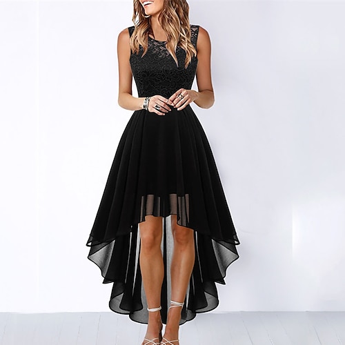 abito da cocktail party da donna abito di pizzo abito svasato abito lungo maxi abito nero rosa vino senza maniche pizzo di colore puro autunno primavera estate girocollo moda 2023 s m l xl xxl 3xl