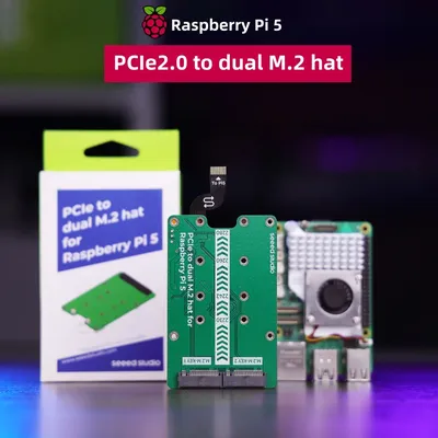 PCIe2.0 to dual M.2 hat for Raspberry Pi 5, Support NVMe SSD, Support Hailo8/8L, Google Coral AI accelerators