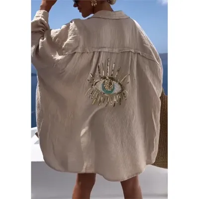 Spring Summer Fashiona Sequin Eye Shirt Dresses Women Casual Beach Style Loose Button Sun Protection Shirt Dress 2024