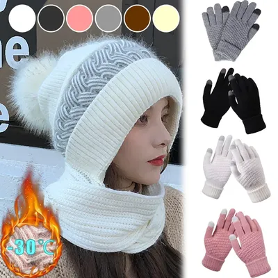 Cute Warm Winter Scarf Hat with Fleece Thickened Ear Protection One-piece Knitted Hat Windproof Cold and Frostbite Outdoor Dress