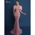 VC Rosa Perlen Langes Kleid Diamanten Verziert Rollkragen Pailletten Neckholder Cut Out Promi Cocktail Party Abendkleider Vestido