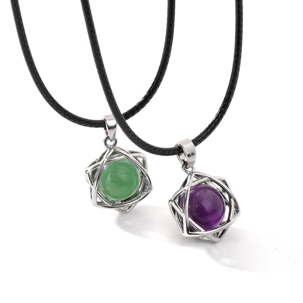 Collana con pendente in pietra stella esagramma Ametiste naturali Quarzi Gemma Collana con corda in pelle Tantrismo Stella di David Regalo di gioielli