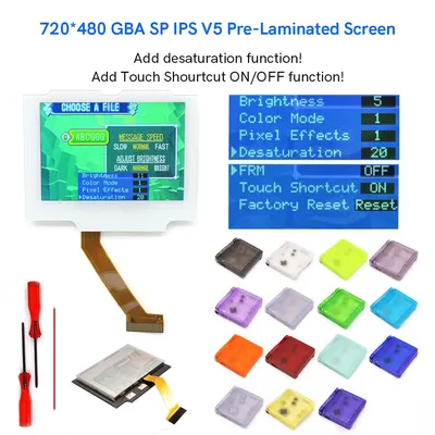 Hispeediso White IPS V5 Pre-Laminated Screen For GBA SP Built-in Desaturation Function NO Need Cut