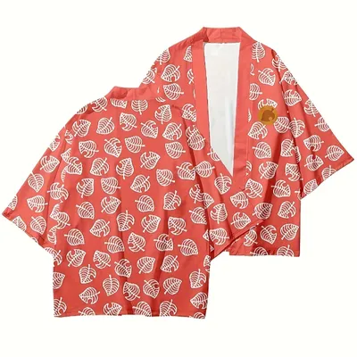 Game Animal Character Cosplay Costume Men Women Cute Leaf Print Japanese Kimono Cloak Pink Green