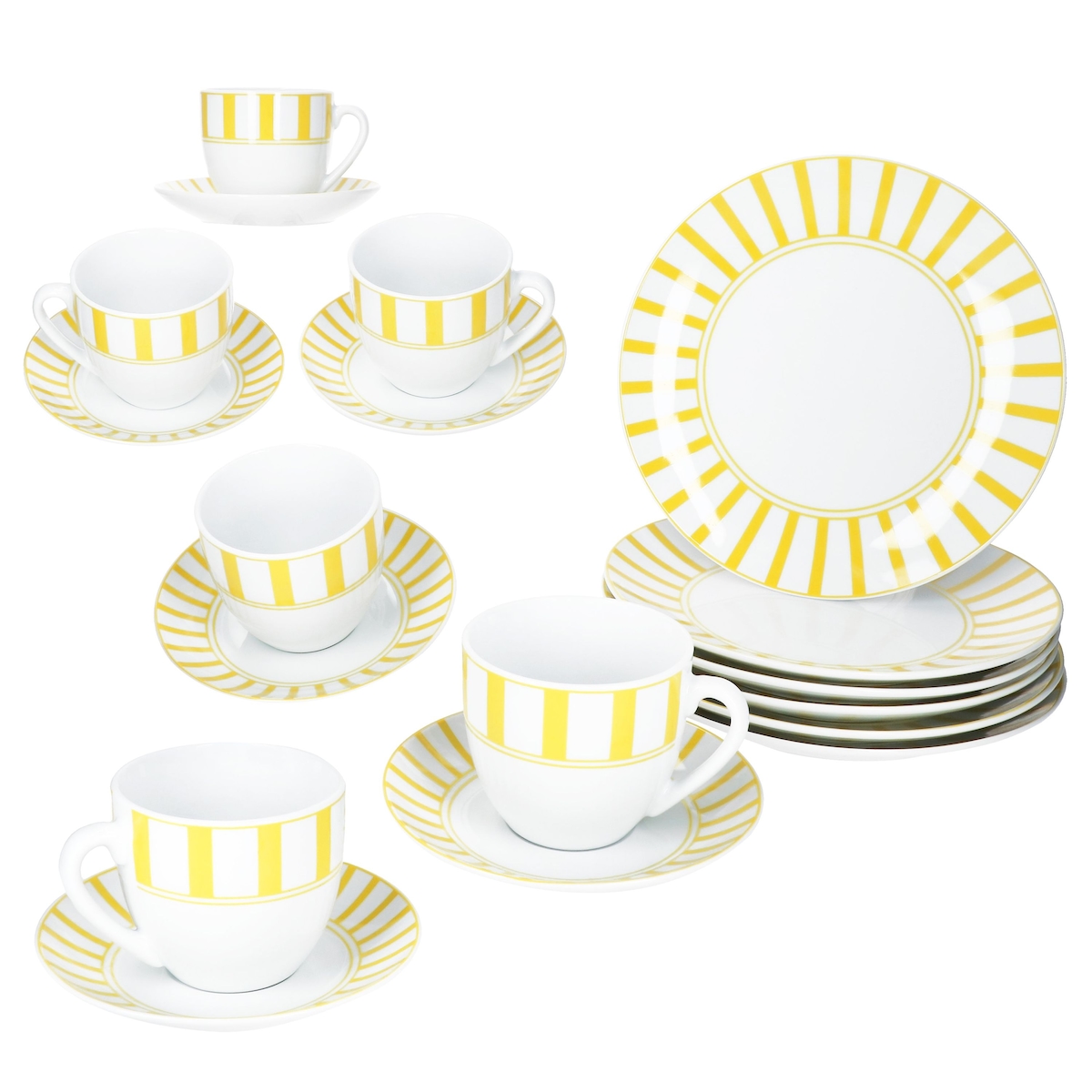 18tlg Kaffeeservice Split gelb Porzellan 6 Pers Tasse Untertasse Teller Streifen Image