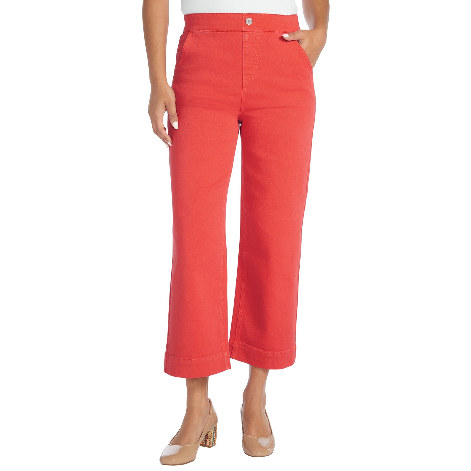Masseys Cropped Wide-Leg Pant (Size 16W) Poppy Red, Cotton,Elastine,Polyester,Rayon
