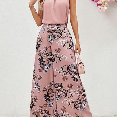 TEMU Elegant Women' Color Sleeveless Top With Woven Printed Wide-leg Pants. Image