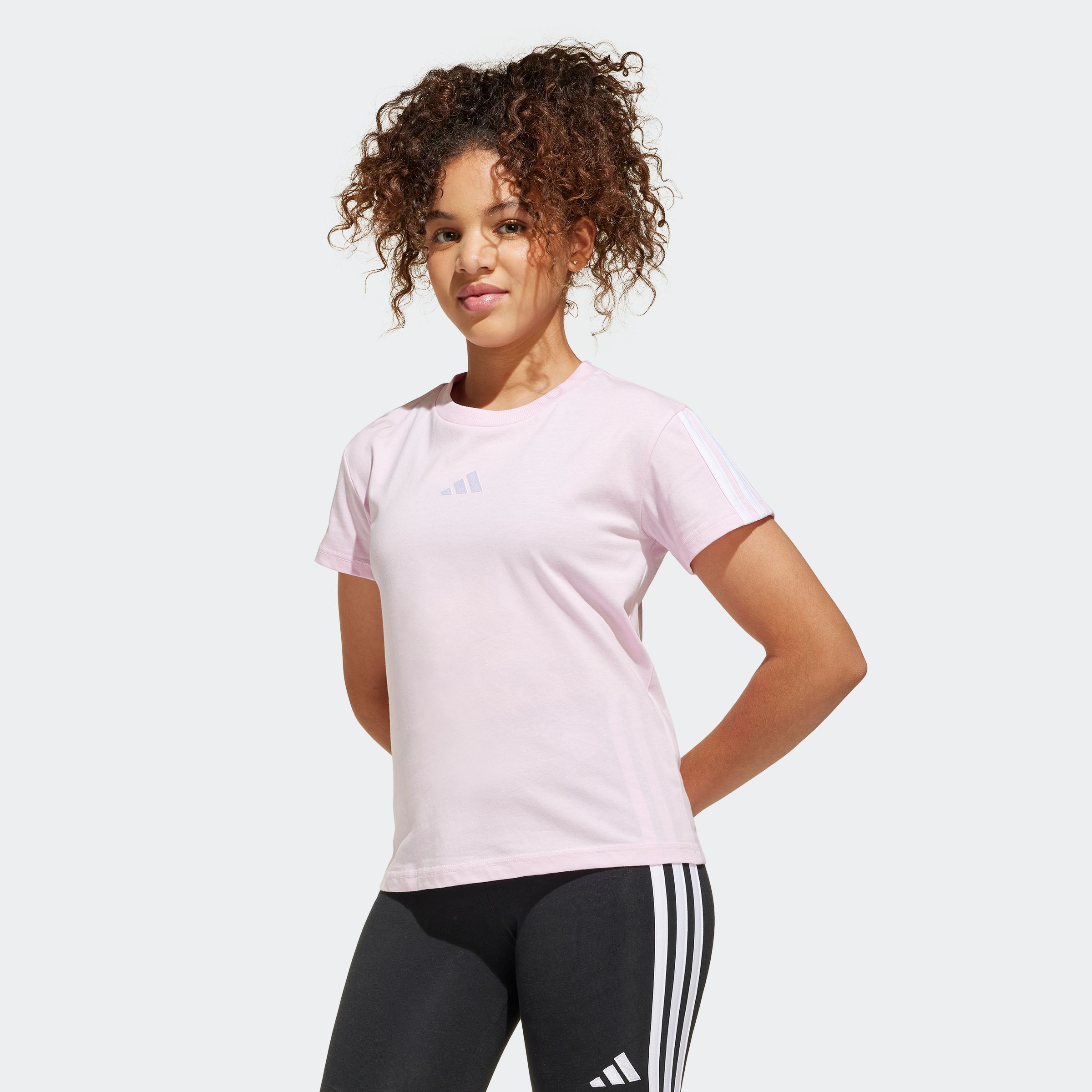 T-Shirt ADIDAS SPORTSWEAR "JG 3S TEE 160", Kinder, Gr. 170, pink (clear pink, weiß), Obermaterial: 100% Baumwolle, Rundhals, Shirts Image