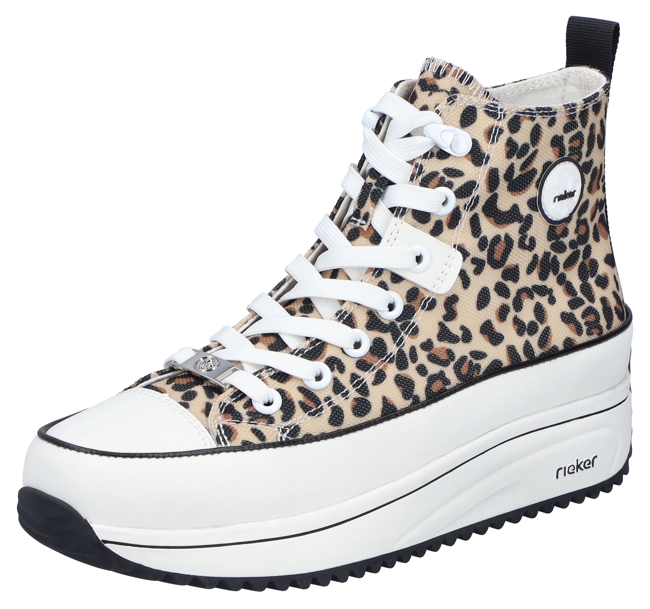 Sneaker RIEKER, Damen, Gr. 42, beige (leo, natur), Lederimitat, Textil, animal-print, Schuhe Sneaker, Plateau, High Top-Sneaker, Schnürschuh in veganer Verarbeitung