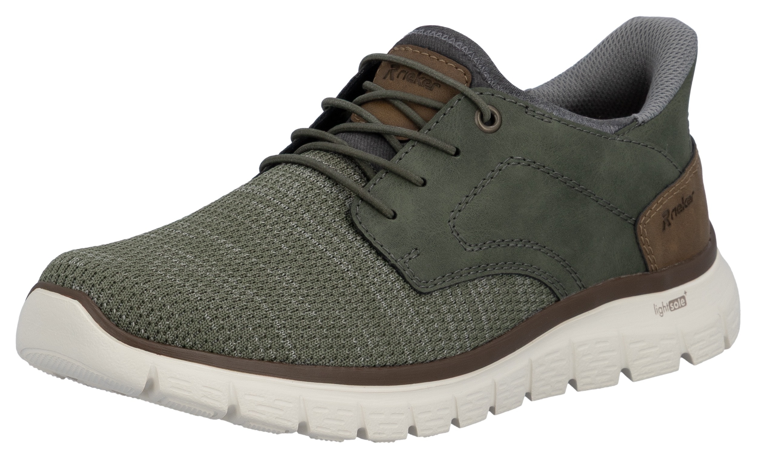 Slip-On Sneaker RIEKER, Herren, Gr. 45, grün (khaki, braun), Nubuklederimitat, Textil, meliert, Schuhe, Freizeitschuh, Halbschuh, Schlupfschuh, gepolsterter Fersenabschluss