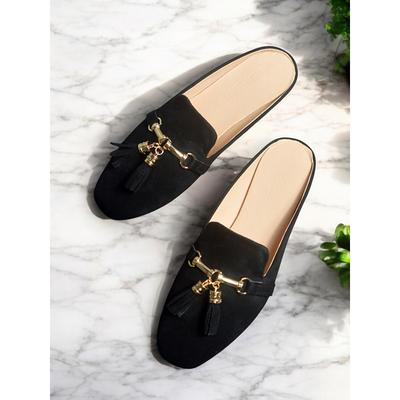 Women's Red Faux Suede Elegant Tassel Mules with Gold Chain Detail for Casual Office Wear