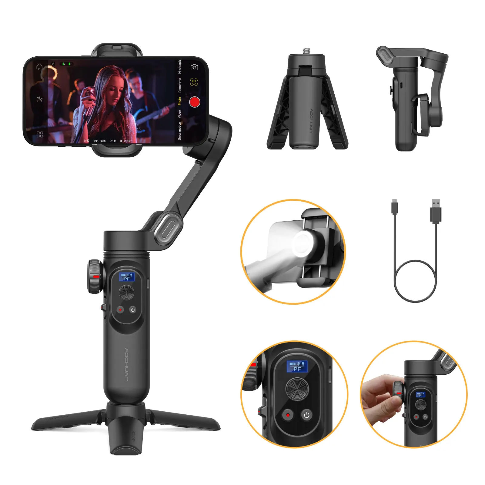 AOCHUAN Smart XPro Smartphone 3 Axis Gimbal Stabilizer For iPhone and Android Smartphone Shooting Video With Fill Light Effect