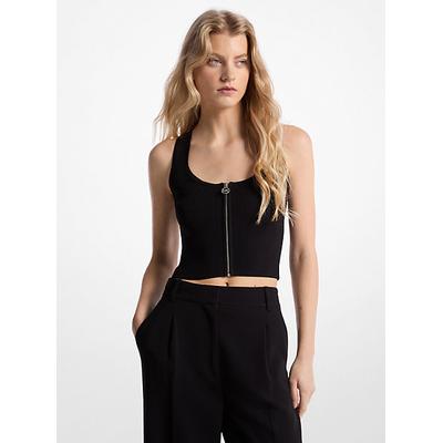 Michael Kors Ribbed Viscose Blend Zip-Up Tank Top Black M