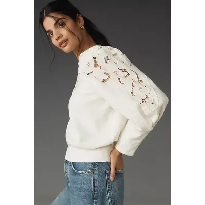 By Anthropologie Lace Cutwork Mutton-Sleeve Top