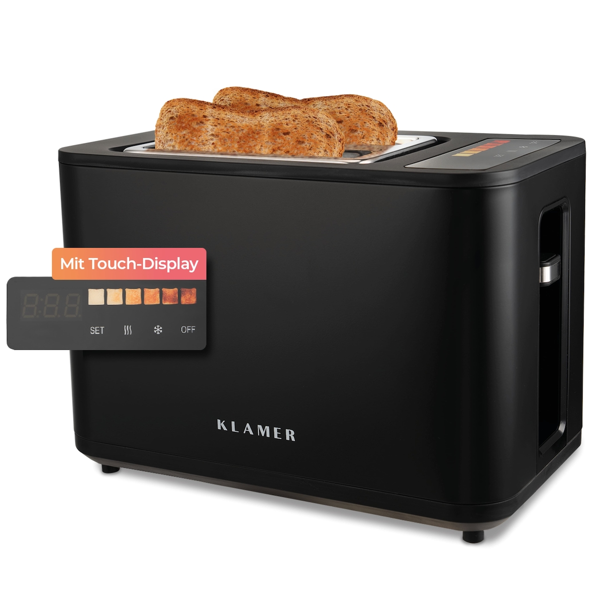 KLAMER Toaster, Toaster mit Brötchenaufsatz, hochwertiger 2 Scheiben-Toaster, 6 Bräunungsgrade, Touch Display, mit Krümelschublade, Matt Schwarz Image