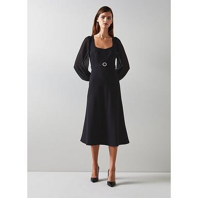 Perdy Black Crepe Sheer Sleeve Dress, Black