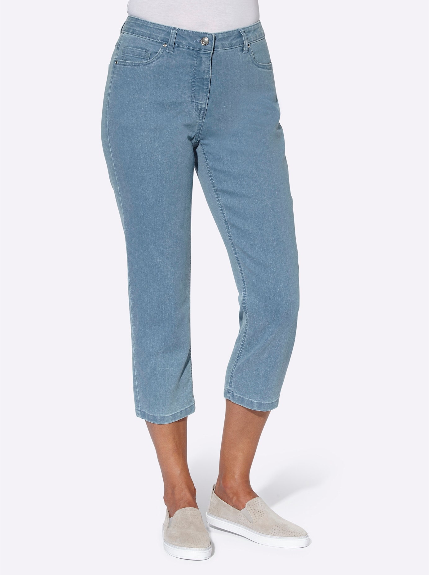 3/4-Jeans CASUAL LOOKS, Damen, Gr. 19, Kurzgrößen, blau (blau, bleached), 81% Baumwolle, 17% Polyester, 2% Elasthan, unifarben, 3/4-Länge, Jeans