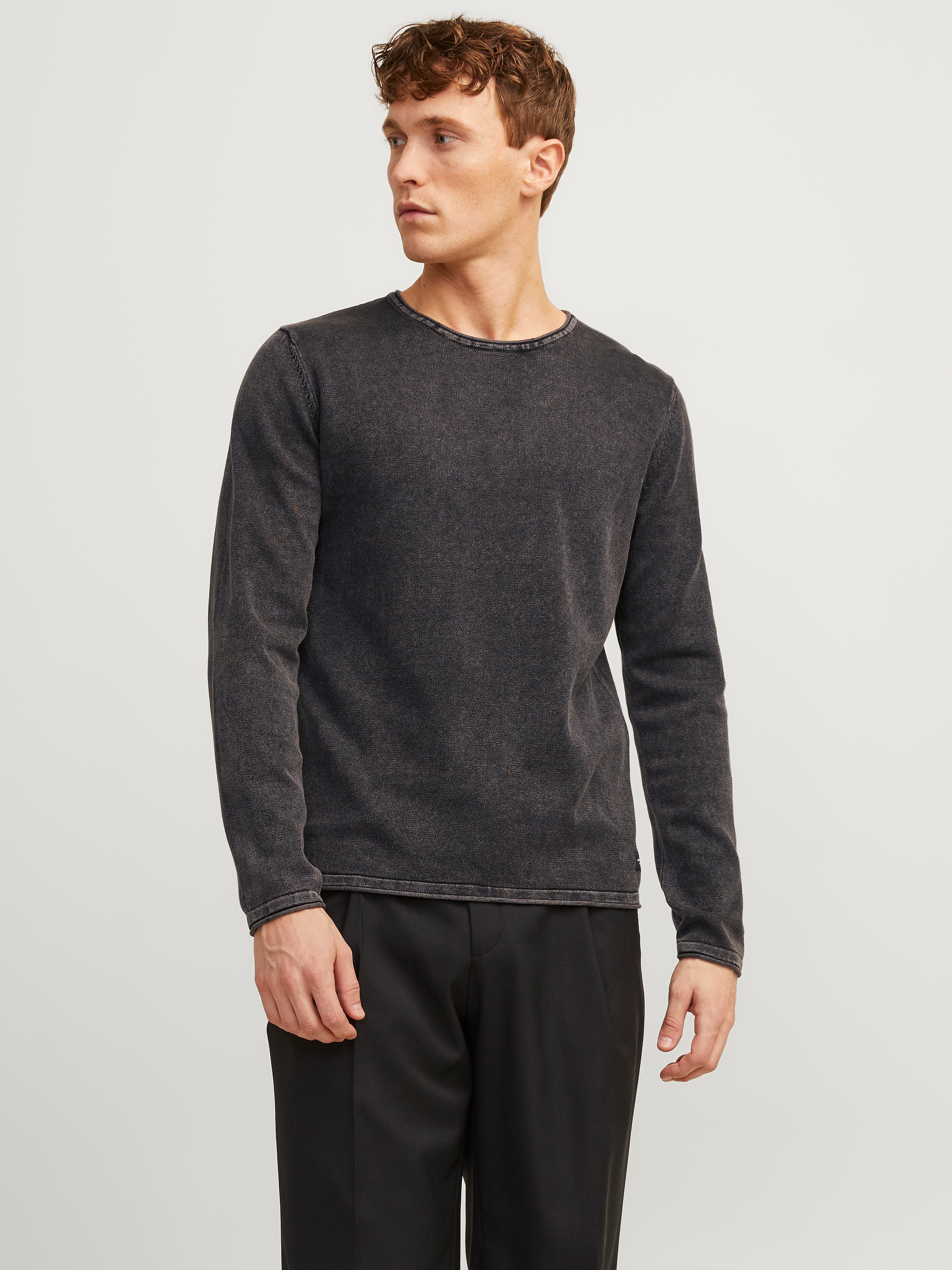 Rundhalspullover JACK & JONES "JJELEO aus pflegeleichter Baumwollqualität", Herren, Gr. L, grau (anthrazit, grau), Obermaterial: 100% Baumwolle, schmal, Rundhals, Pullover Rundhalspullover, unifarben, modisch, schmal, Baumwolle, Rundhals