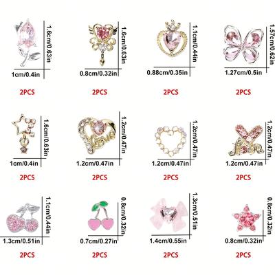 TEMU 24pcs Nail Art Charms Set, Y2k Alloy Rhinestone Jewelry, 3d Bow Cherry Gems, Shiny Nail Decor Accessories, Unscented Image