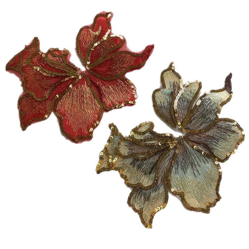 1 Stück, 7 Stück/18*17,5 cm Rot, Gold 3D-Blumen-Stickerei-Applikation mit Pailletten zum Aufnähen, große Pailletten-Aufnäher und Spitzenapplikationen für Jeans