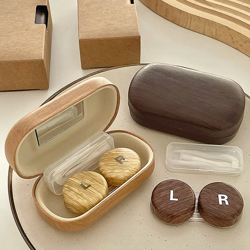 Holzmaserung Linsenbehälter Damen INS Kontaktlinsenbehälter Herren Farbe Kontaktlinsen Aufbewahrungsbox Tragbares Reiseset Image