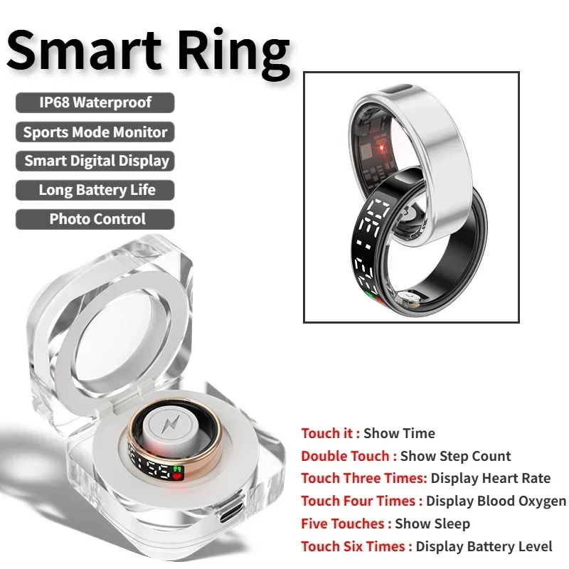 SR08 Smart Ring für Männer und Frauen, LED-Display, Herzfrequenz, Blutsauerstoffüberwachung, Multi-Sportmodi, IP68 und 5 ATM wasserdicht Image